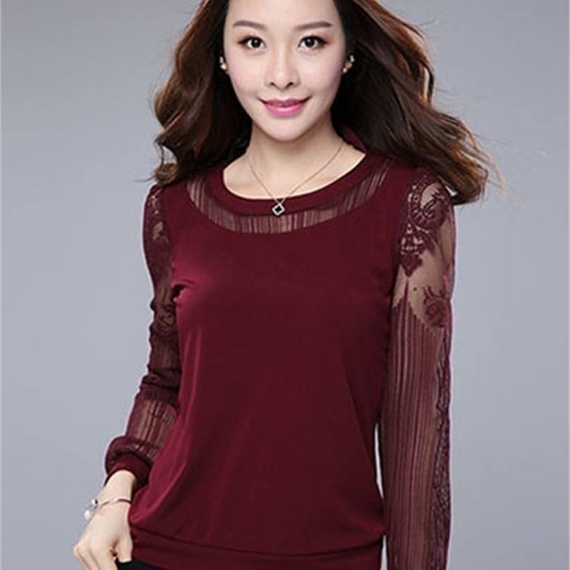 

Simple Style Women Spring Autumn T Shirts Lady Casual Slim Lace O-Neck Flower Printed Tees Shirt Tops with Pocket DF2064 220402, Wine red