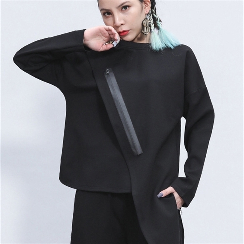 

[EAM] Women Black Zipper Irregular Stitch Big Size T-shirt Round Neck Long Sleeve Fashion Spring Autumn 1Z348 220401
