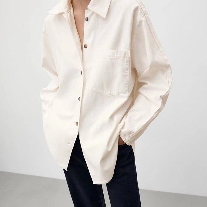 

Women' Blouses & Shirts 2022 Spring White Lapel Solid Color Shirt Top Mid-length Style Loose Women