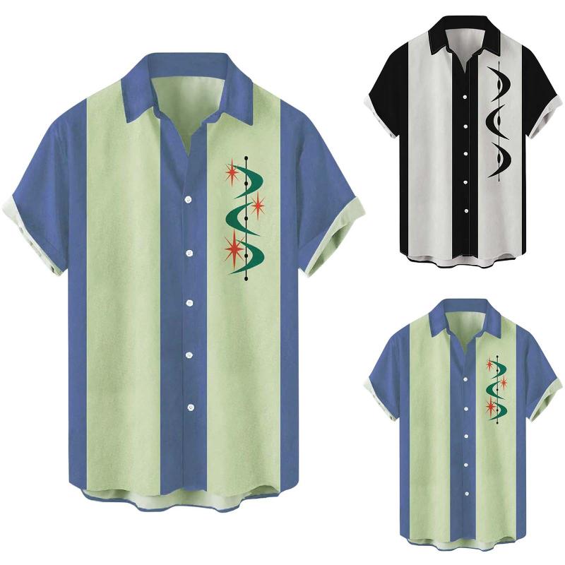 

Men's Casual Shirts Male Summer Hawaii Loose Print Shirt Turn Down Collar Short Sleeve Mens Ringer Tee VintageMen's, Blue