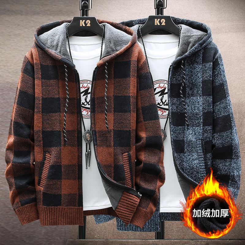 

Men's Jackets Sweater Jacket Men Mens Coat Hooded Korean Casual Plush Thickened Knitted Zipper Warm 2022, Black;brown