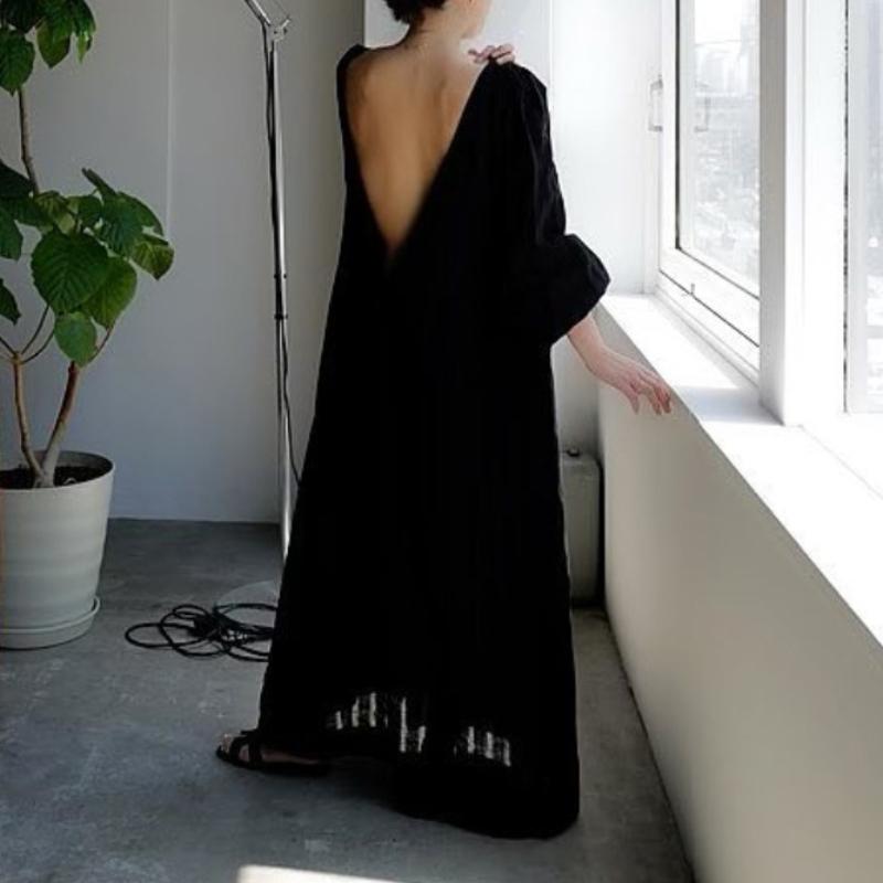 

Casual Dresses Japanese Literary Style Three Quarter Sleeve Loose Robe Sexy Backless O-neck A-line Woman Dress 2022 Solid Eleagnt VestidosCa, Black
