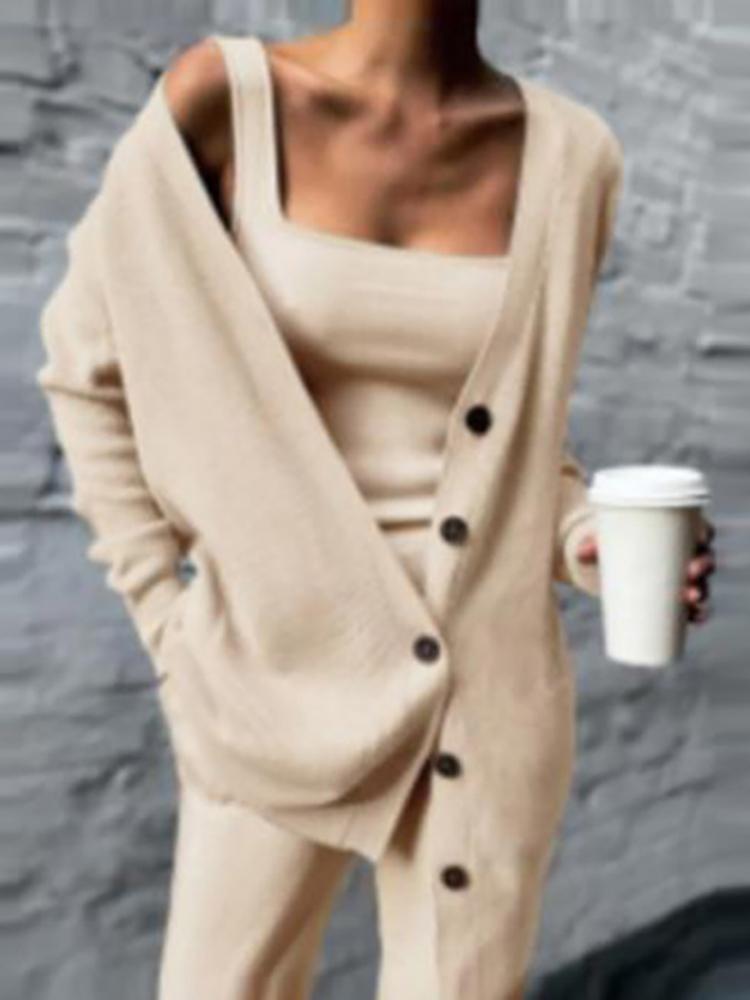 

Women' Two Piece Pants Women Vest Cardigan Three Pieces Set Spring Autumn Solid Casual Outfits Elegant Female Streetwear Loose Matching Set, 03 coffee