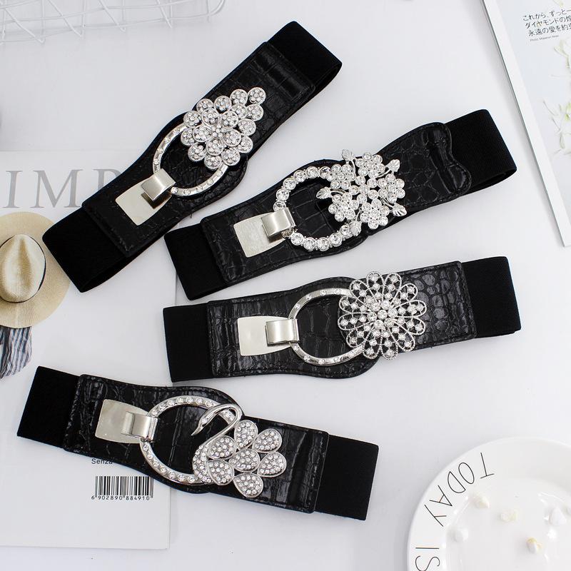 

Belts Fashion Rhinestone Metal Buckle Wide Belt For Women Soft Elastic Ladies Girls Dress Shirts Waist Waistband, Black