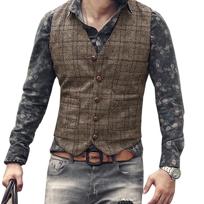 

mens suit vests men brown black waistcoat vest man plaid steampunk jacket striped tweed vneck slim fit gilet wedding clothing 220704, Gray