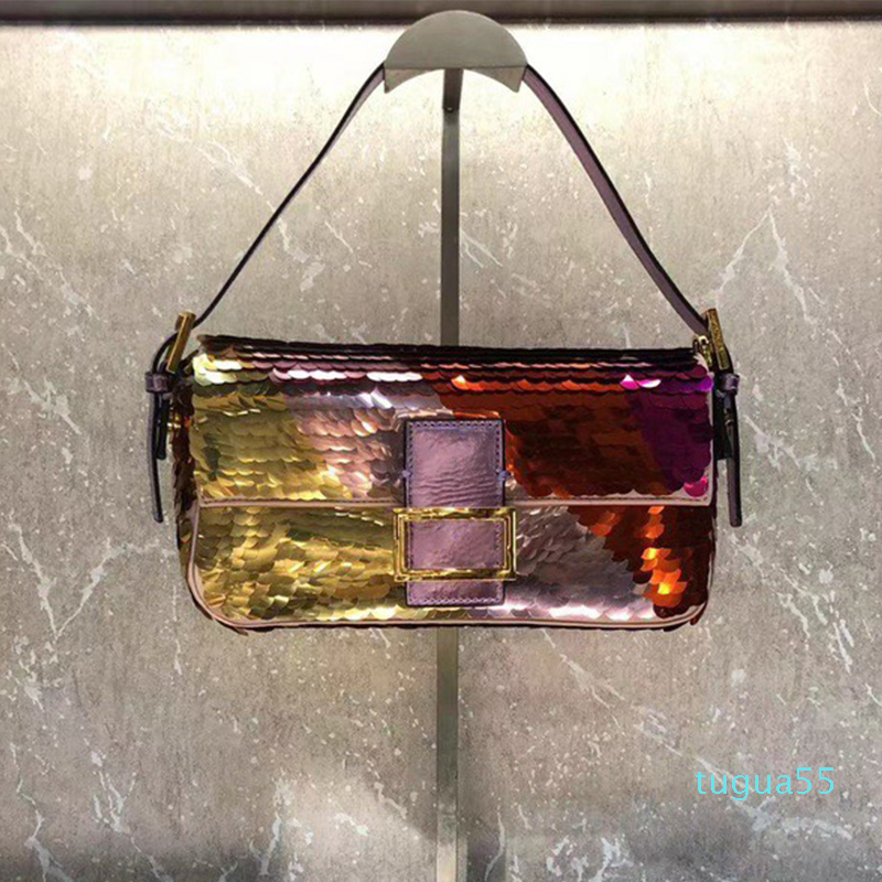 

designer Spring and summer shoulder bag baguette leather fashion sequins ladies banquet hand wallet evening bag messenger bags, Black