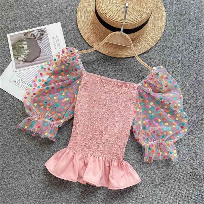 

Candy colors Polka Dot Patchwork Stretch Cropped Tops Sweet Puff sleeve Square collar Folds Slim Womens and Blouses Shirt 210602, Black