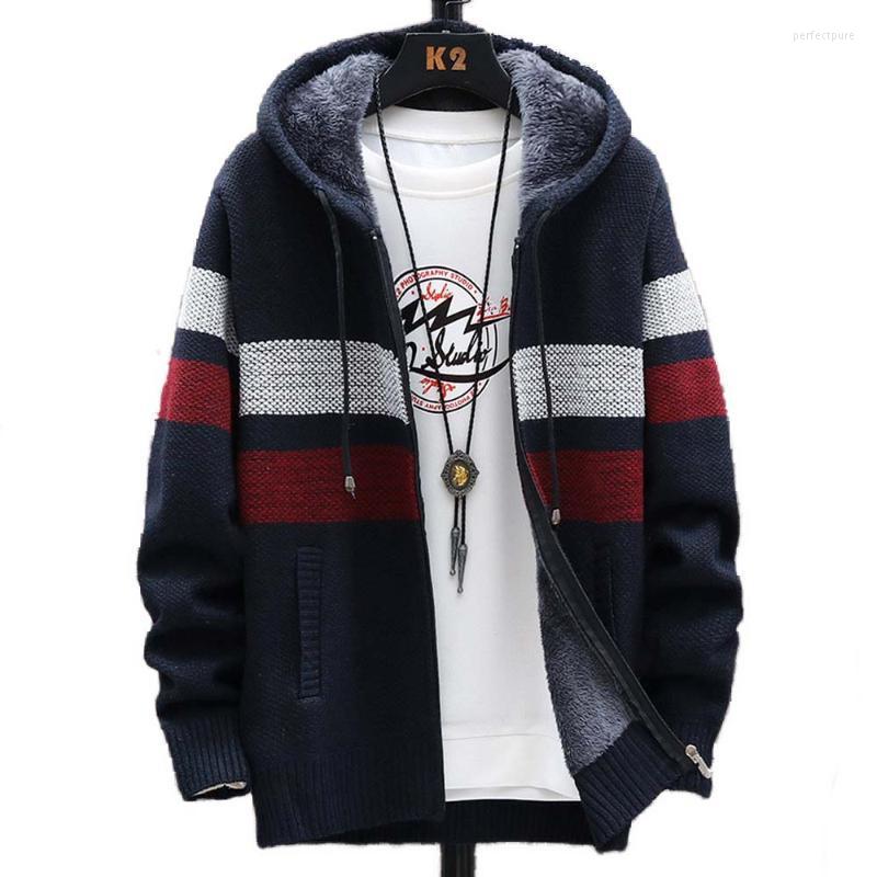 

Men's Sweaters FALIZA Striped Mens Sweater Coat Thick Fleece Warm Zipper Wool Hooded Cardigan Jumpers Men Long Sleeve Knitted MXY110 Perf22, Navy