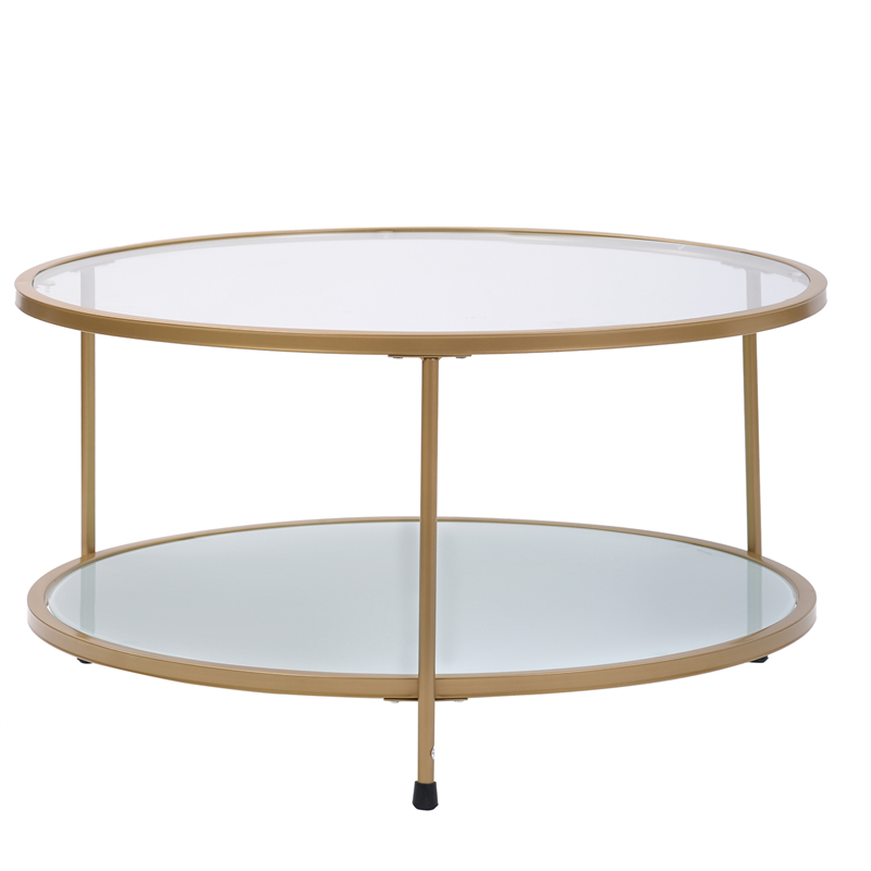 

2022 modern Living Room 33.5" Cocktail Table Metal with Stained White Tempered Glass 2-Tier Coffee Table gold black
