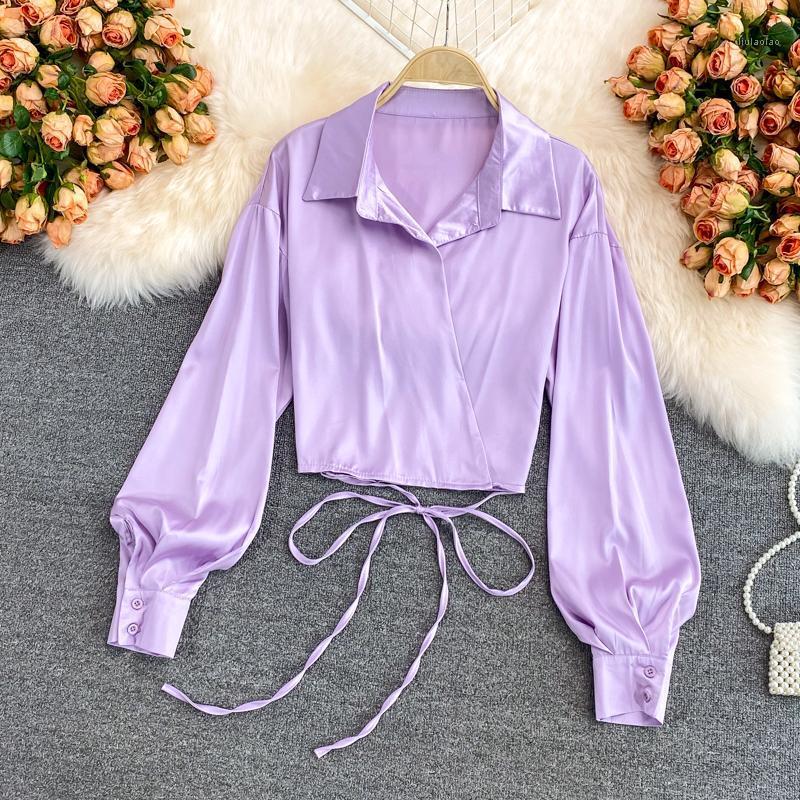 

Women's Blouses & Shirts Temperament Satin Shirt Women Tops 2022 Autumn Design Sexy Slik Loose Blouse Long Sleeves Womens And, Black