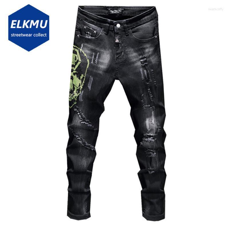 

Men's Jeans Skull Punk Ripped Fashion Streetwear Hip Hop Denim Pants Mens Luxury Designer Harajuku Skinny BlackMen's Heat22, Black