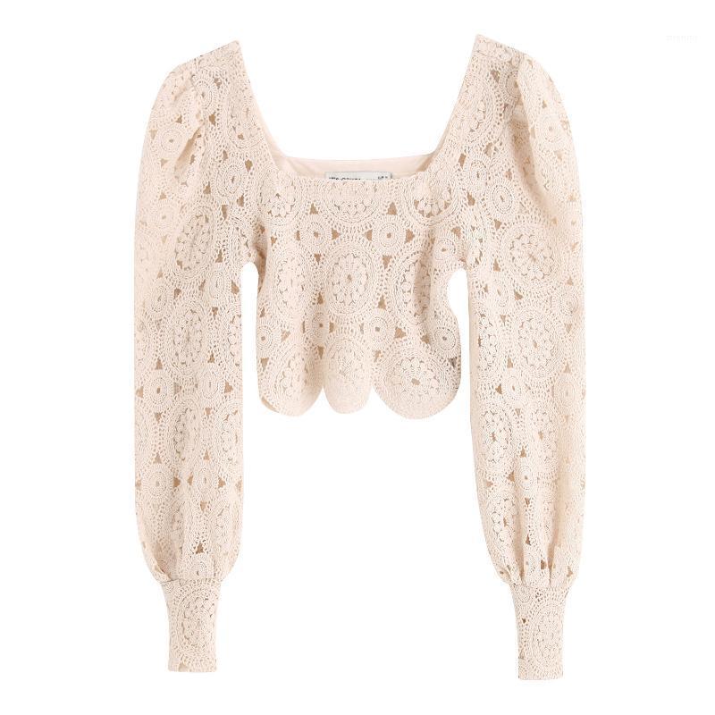 

Blouses Woman 2022 Solid Color Square Collar Halter Openwork Puff Sleeve Shirt Women Blouse Modis Camisa Femenina Women's & Shirts