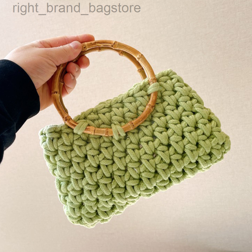 

Hollow Knitting Tote Purse and Handbag Bohemian Crochet Bamboo Handle Women Handbags Designer Woven Bags for Women Square Clutch W220813, Light green