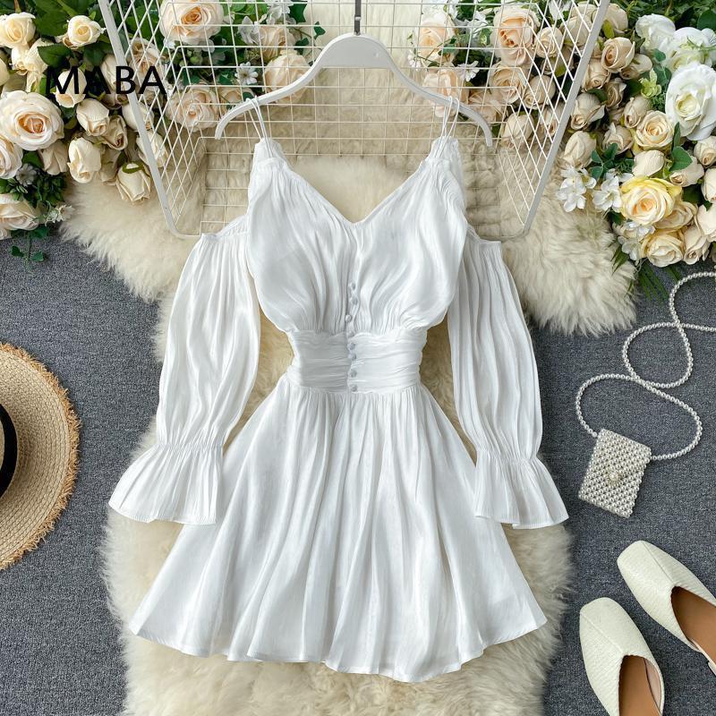 

Casual Dresses Spring Women Long Sleeved Off Shoulder Mini Dress V-neck Button High Waist Solid White / Black Fashion One Piece Korea