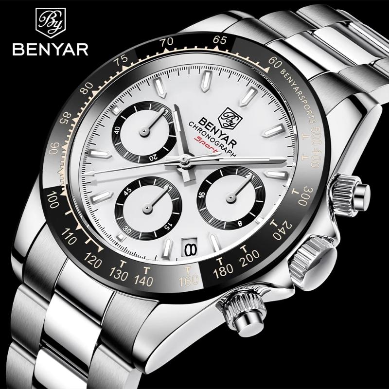 

Wristwatches BENYAR Casual Quartz Watch For Men Top Brand Sapphire Glass Sports Stainless Steel Waterproof Chronograph Montre Homme, White