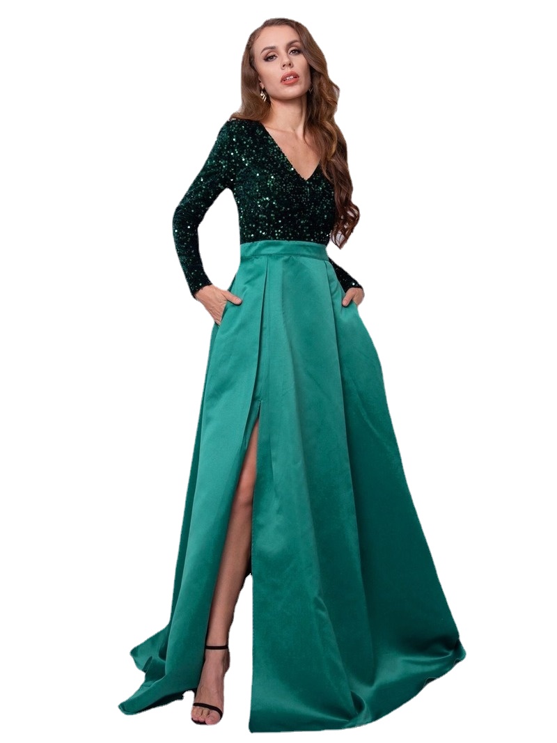 

Long Sleeve V Neck Stretch Sparkle Sequin Floor Length Party Dress Slit Patchwork Ball Gown with Porckets