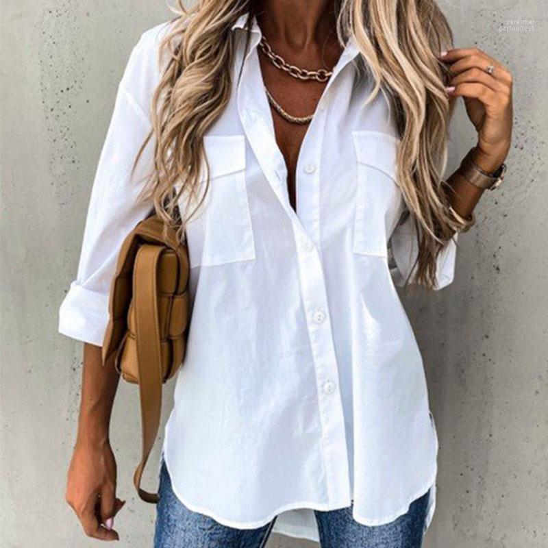 

Women' Blouses & Shirts Plus Size White Casual Shirt Mid-length Tops Fashion Solid Color Buttoned Versatile Long-sleeved Lady Vere22, Black