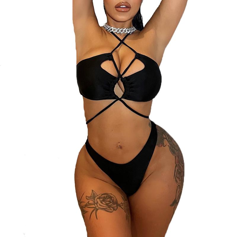 

Women' Swimwear Sexy Women Black High Waist Hollowed Out Bikini Set Cross Strap Bathing Suit Solid Color Two Pieces For Lady 2022Women