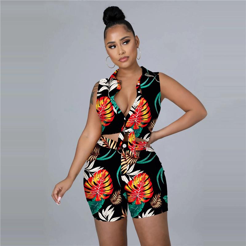 

Women' Tracksuits Summer Women' Clothing Recommended Sleeveless Lapel Single-breasted Fashion Casual Slim Print Lace-up Button Shorts, Multi