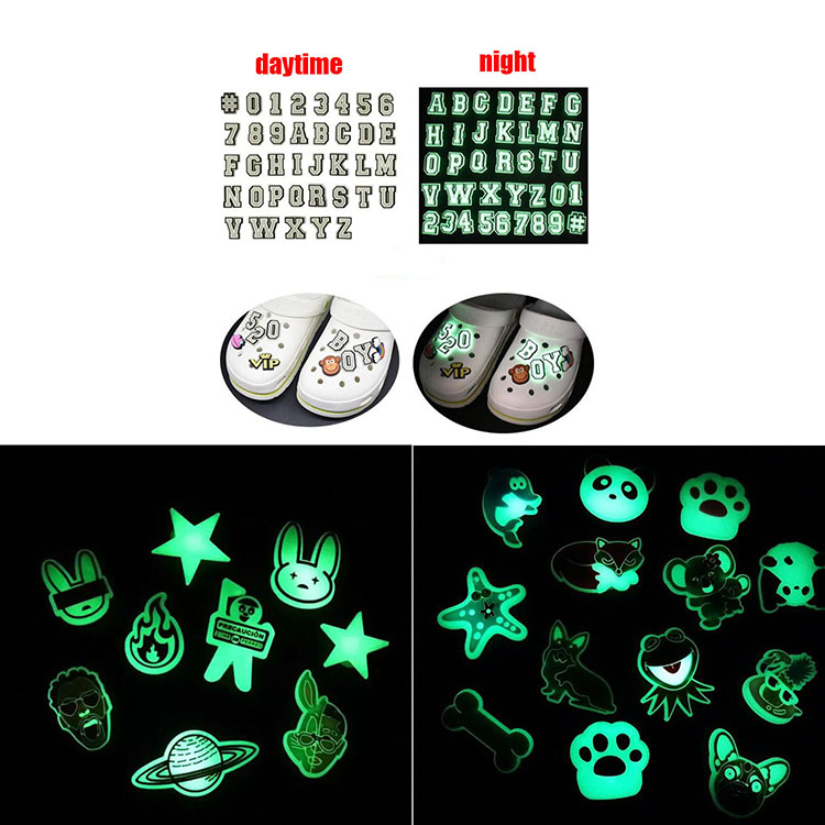 

luminous bunny letter croc shoe charms pvc glow in the dark shoecharms buckle DIY cartoon clog wristband decoration part