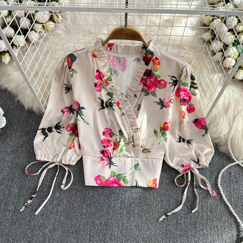 

Women's Polos Summer V-neck Short Top Shirt Women 2022 Fashion Temperament Print Sleeve Casual Versatile Female Tops Shirts KoreanWomen's