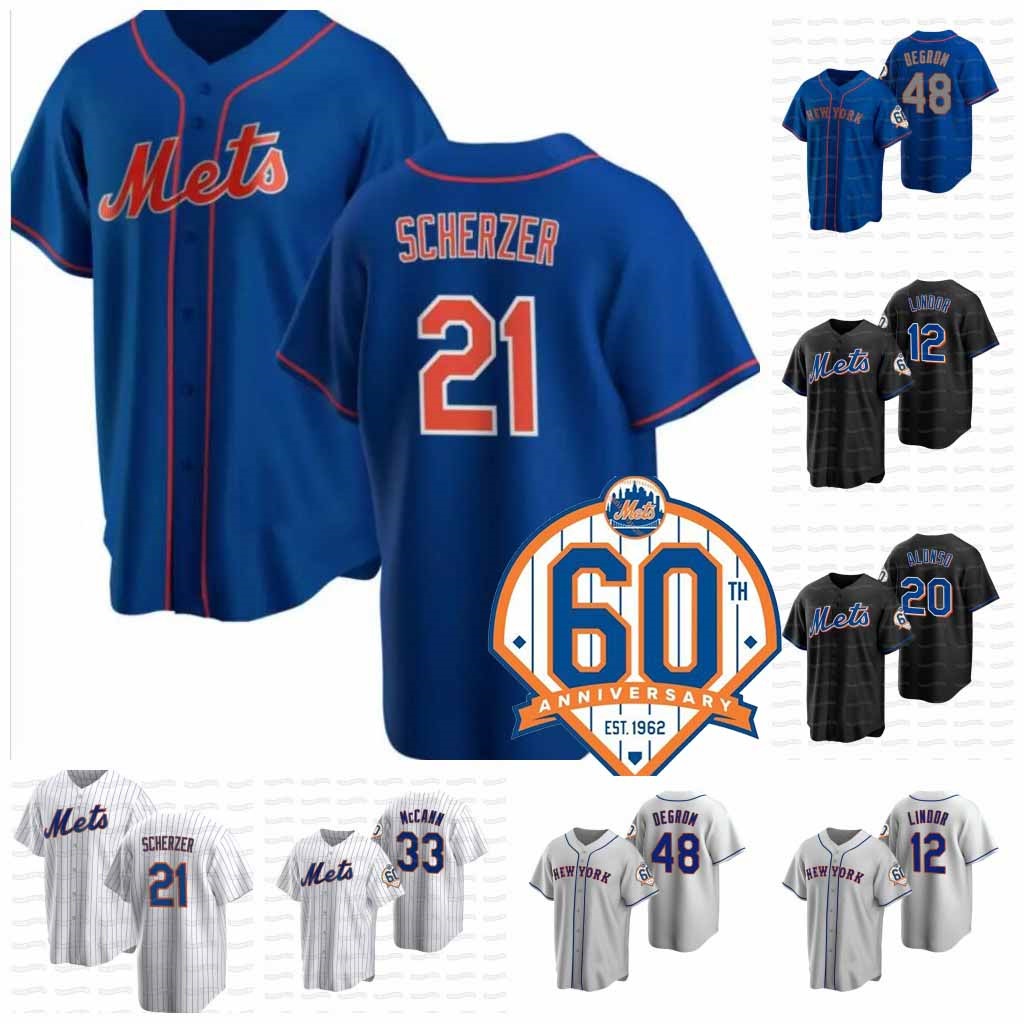 

21 Max Scherzer 2021 60th Anniversary Jersey Jacob deGrom Francisco Lindor Pete Alonso Starling Marte Carlos Carrasco Robinson Met Cano McNeil Khalil Lee, White flex base mens s-3xl