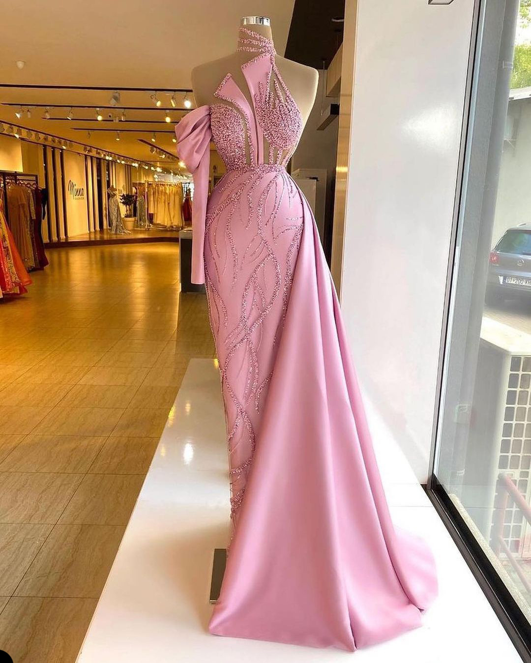Pink Mermaid Prom Dresses Sexy Sequins Beads Satin One Shoulder One Long Sleeve Glitter Elegant Floor Length High Waist Evening Formal Dresses Gi