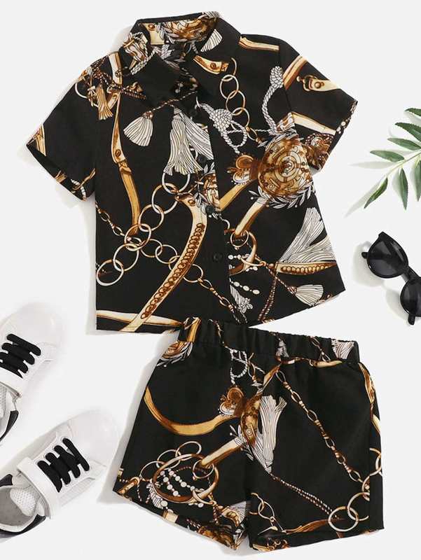 

Toddler Boys Tassel And Chain Print Shirt & Shorts SHE, Black