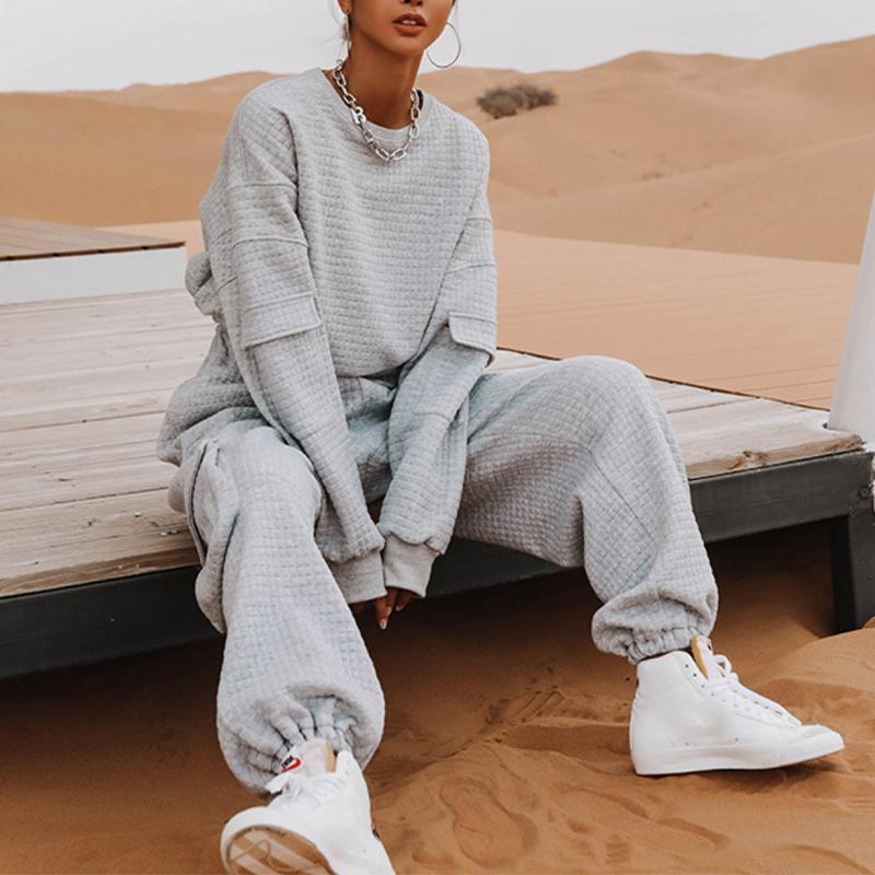 

Women' Two Piece Pants Autumn Winter Sports Women Suit Pocket Casual Trousers Two-piece Waffle Loose Hoodies Outdoor 2022 Fashion Streetwea, Gray
