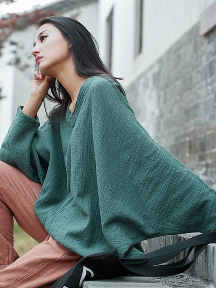 

Johnature Spring Bat Sleeve T Shirts Vintage Women Cotton Linen V Neck Solid Color Cloths Casual 220714, Green