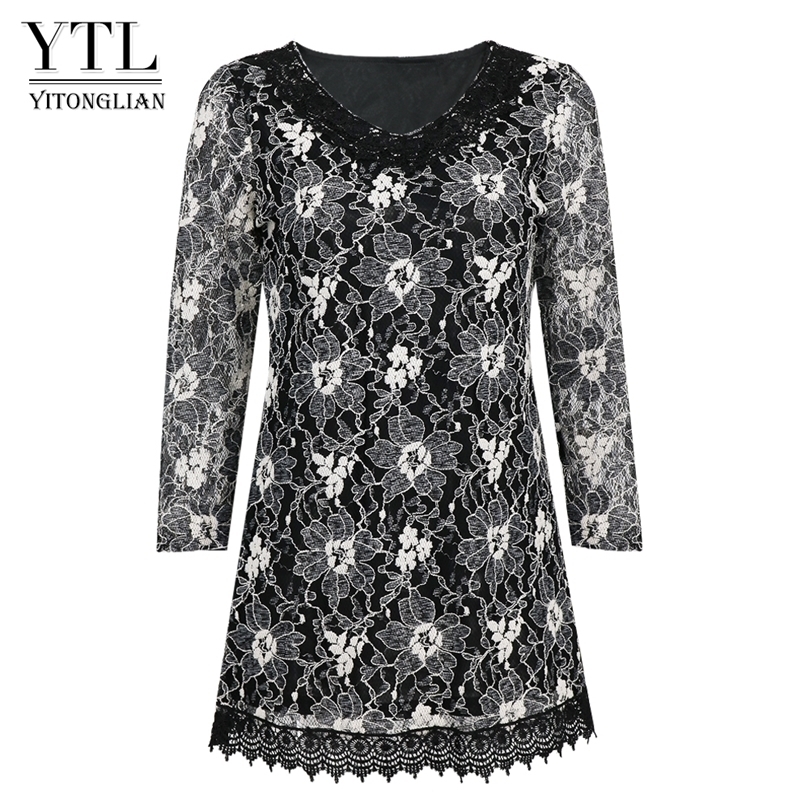 

Yitonglian Women Vintage Crochet V-Neck Classic Silver Trending Floral Lace Blouse Plus Size Tunic Tops Oversize Shirt H429 220322, Black-l