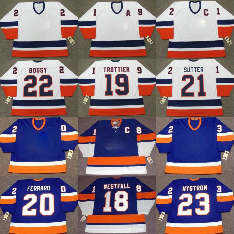 

Islanders Retro Jersey 18 ED WESTFALL 19 BRYAN TROTTIER 20 RAY FERRARO 21 BRENT SUTTER 22 MIKE BOSSY 23 BOB NYSTROM Hockey Jerseys, Custom blue 1990