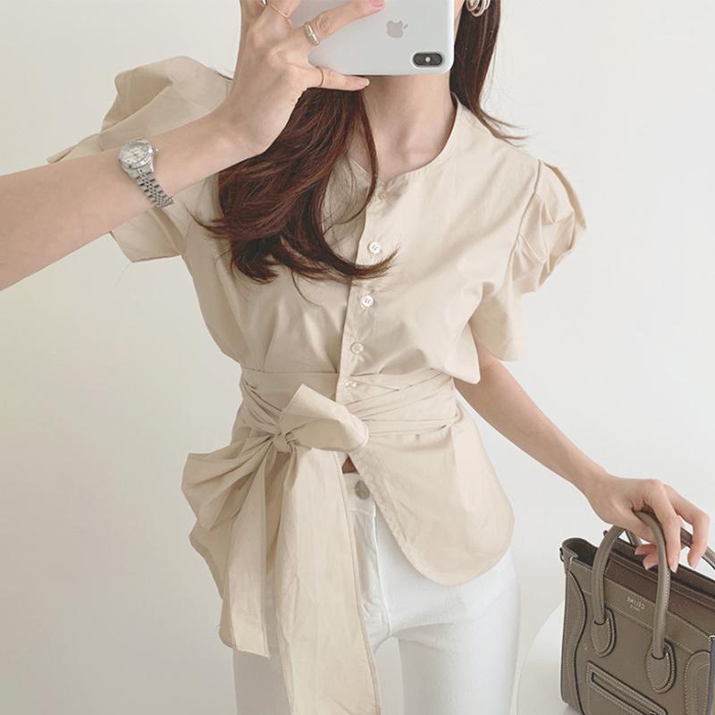 

Women' Blouses & Shirts Elegant Slim Waist Bowknot Sweet Women Blouse Simple O Neck Puff Sleeve Office Ladies Summer 2022 Korean Japan Chic, White