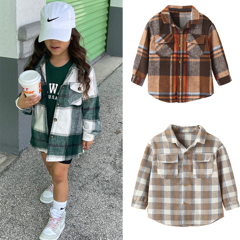 

Jackets 2-7Y Fashion Autumn Children Girl Boy Warm Coat Plaid Long Sleeve Pocket Button Turn-down Collar Shirts Jacket Tops Outwear 220826