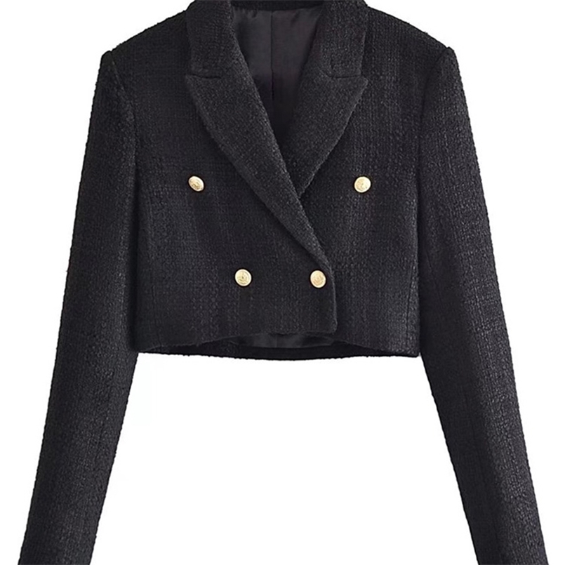 

TRAF Women Fashion Tweed Cropped Blazer Coat Vintage Long Sleeve Front Buttons Female Outerwear Chic Veste Femme 220402, As picture