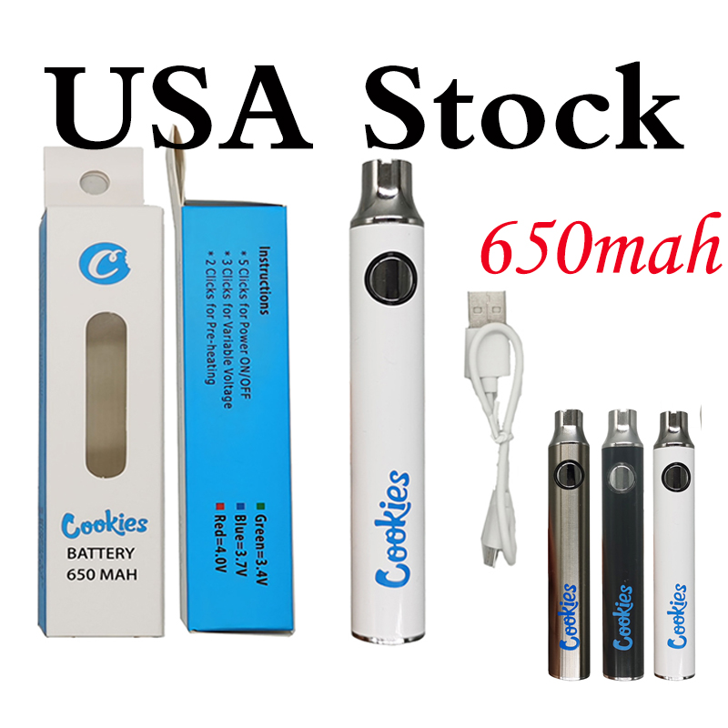 

Cookies Vape Pen Batteries USA Stock 510 Thread Battery 650mAh Preheat Vaporizer Rechargeable Variable Voltage Cartridges Adjustable Battery USB