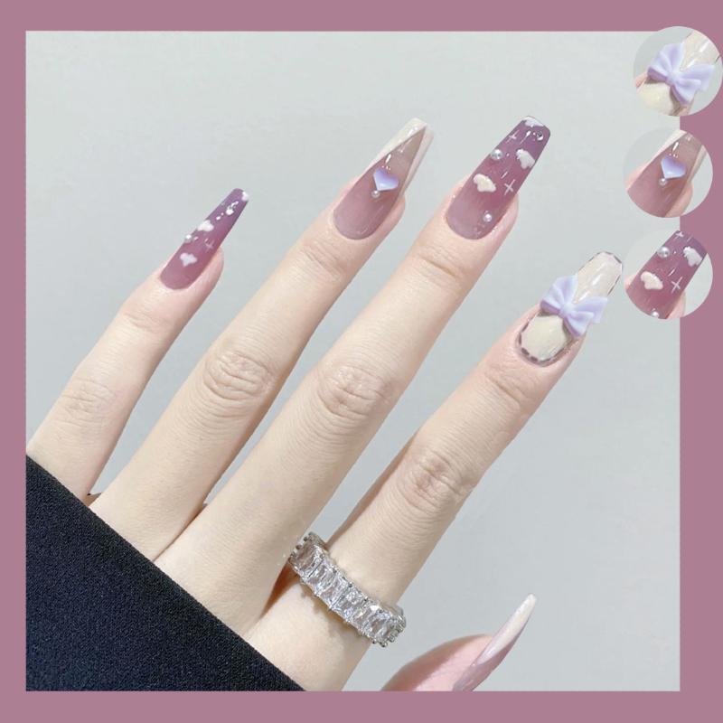 

False Nails Purple Cloud Fake With Glue Wearable Artifical Reusable Stick On Acrylic Kit Professional Nail AccessoriFalse, Beige