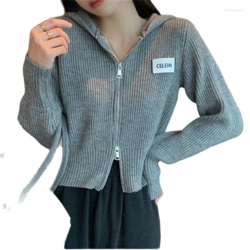 

Women's Knits & Tees Spring/Autumn 2022 Korean Version Sweet Lovely Outerwear Women/Girl Long Sleeve Loose Double Zipper Knit Cardigan Hoode, Black