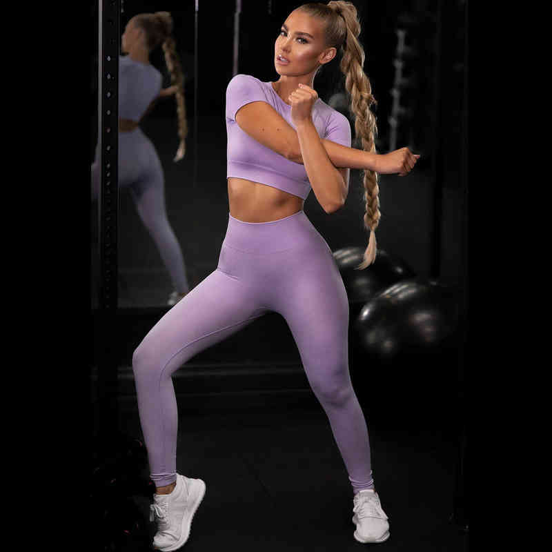 

Sportswear Top Sweatpants 2pcs Yoga Set Women Yoga Suit Short Sleeve High Waist Leggings Gym Quick Dry Wear Energy Fitness Suit T220725, Sky blue