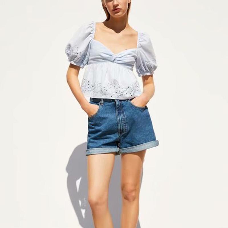 

Summer Sleeve Tops Women Square Collar Pleated Crop Shirts Solid Color Ruffles Waist Women's Blouses &, Blue