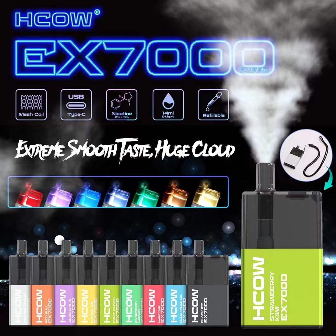 

Original HCOW Extreme 7000 PUFFS Disposable vape E cigarette 15ml Pre-Filled Mesh Coil vapes pen 0%&2%&5%N USB Charging Type- C Port Colorful RGB Light Authentic wholesale