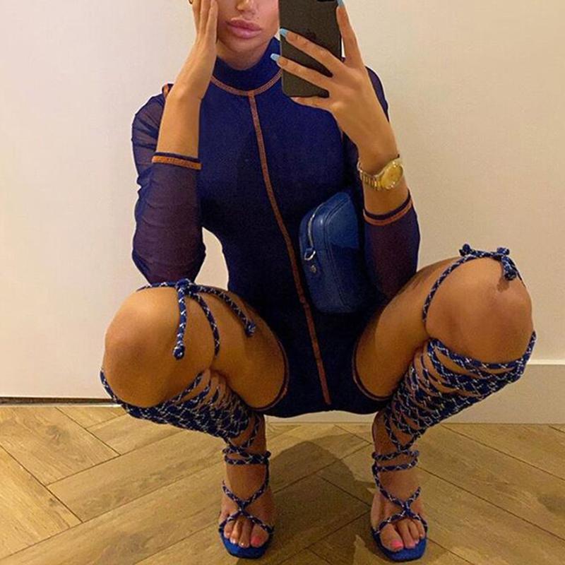 

Women' Jumpsuits & Rompers Summer Casual Sexy Skinny Jumpsuit Shorts High Collar Long Sleeve Mesh See-through Back Zipper Pullover Women St, Blue