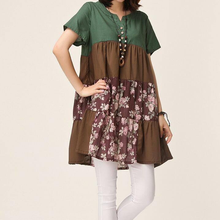 

New Summer Women Fashion Style Dresses Loose V-neck Short Sleeve Buttons Printing Splice Linen Casual Dress Green/Coffee Plus Size M
