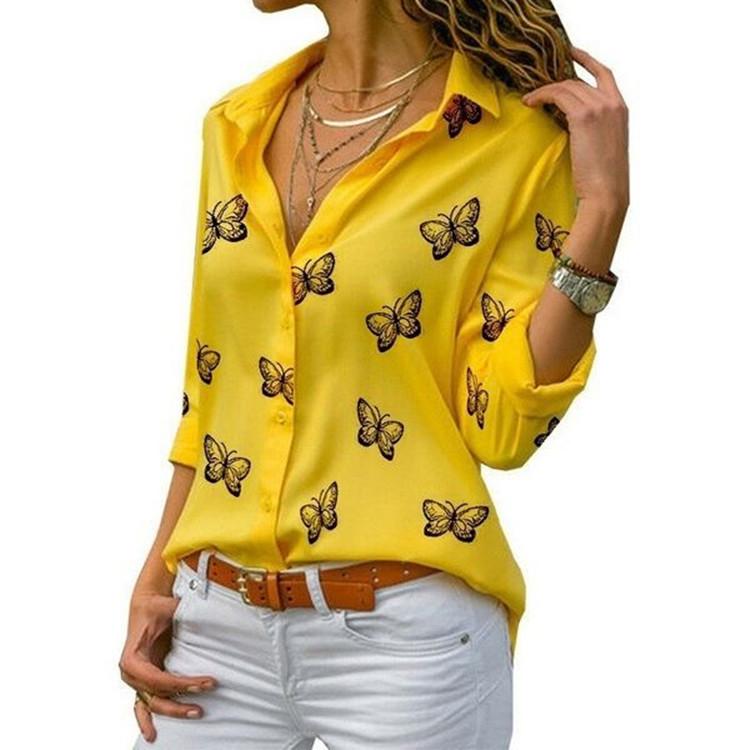 

Women' Blouses & Shirts Casual Long Sleeve Butterfly Print Shirt Loose Women Button Chiffon Female V-Neck Vintage Streetwear Tunic TeesWome, White