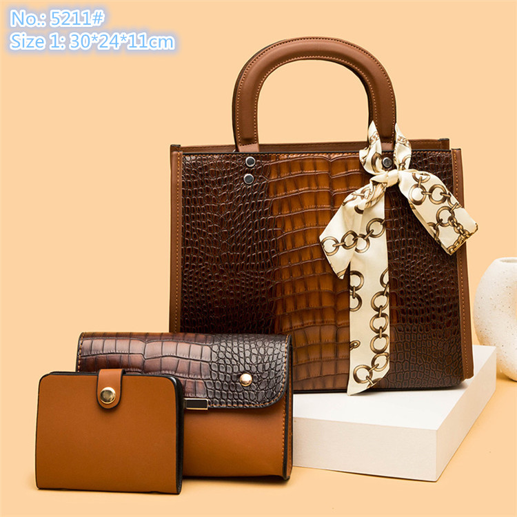 

Wholesale factory ladies shoulder bags elegant retro crocodile handbag large capacity three-piece embossed tote bag Joker solid color leather backpack, Brown1-5211#