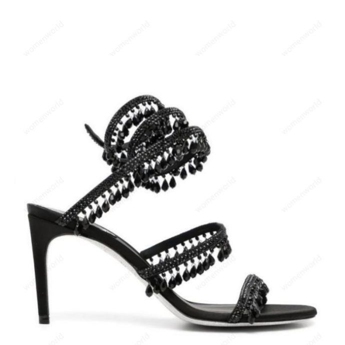 

RENE CAOVILLA 10cm stiletto High heel Sandals CRYSTAL Karung open toe Snakelike twining rhinestone sandals women Top quality Black Cleo embellished satin sandal, Only a boxes