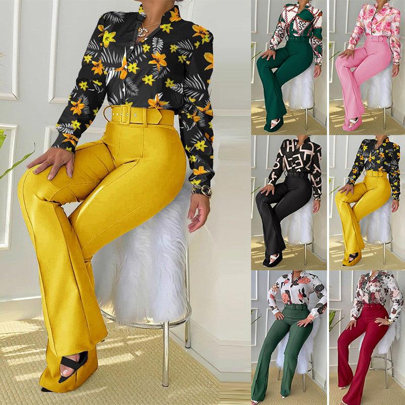 

Women' Two Piece Pants 2022 Products Casual Suit Printed Collar Long Sleeve Shirt Wide Leg Two-piece Set