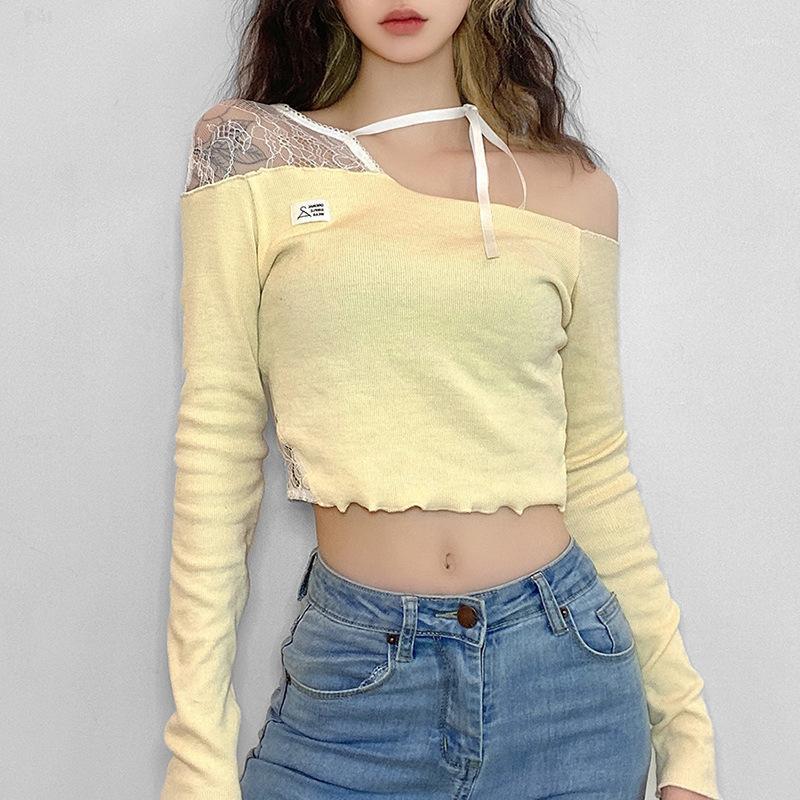 

Women' T-Shirt Ladies Casual Lace Patchwork T-shirts Off Shoulder Long Sleeve Halter Irregular Neck Crop Top Women Fashion Pullover Fall Sp, Yellow