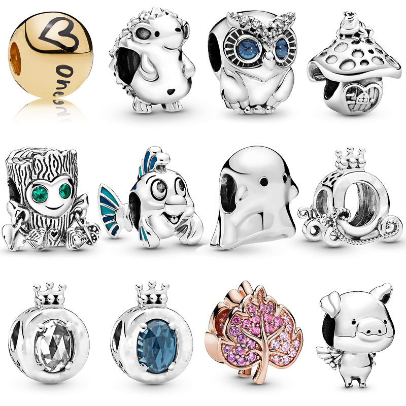 

925 Silver Fit Pandora Charm 925 Bracelet Mushroom Hedgehog Owl Tree People Pig Beads charms set Pendant DIY Fine Beads Jewelry