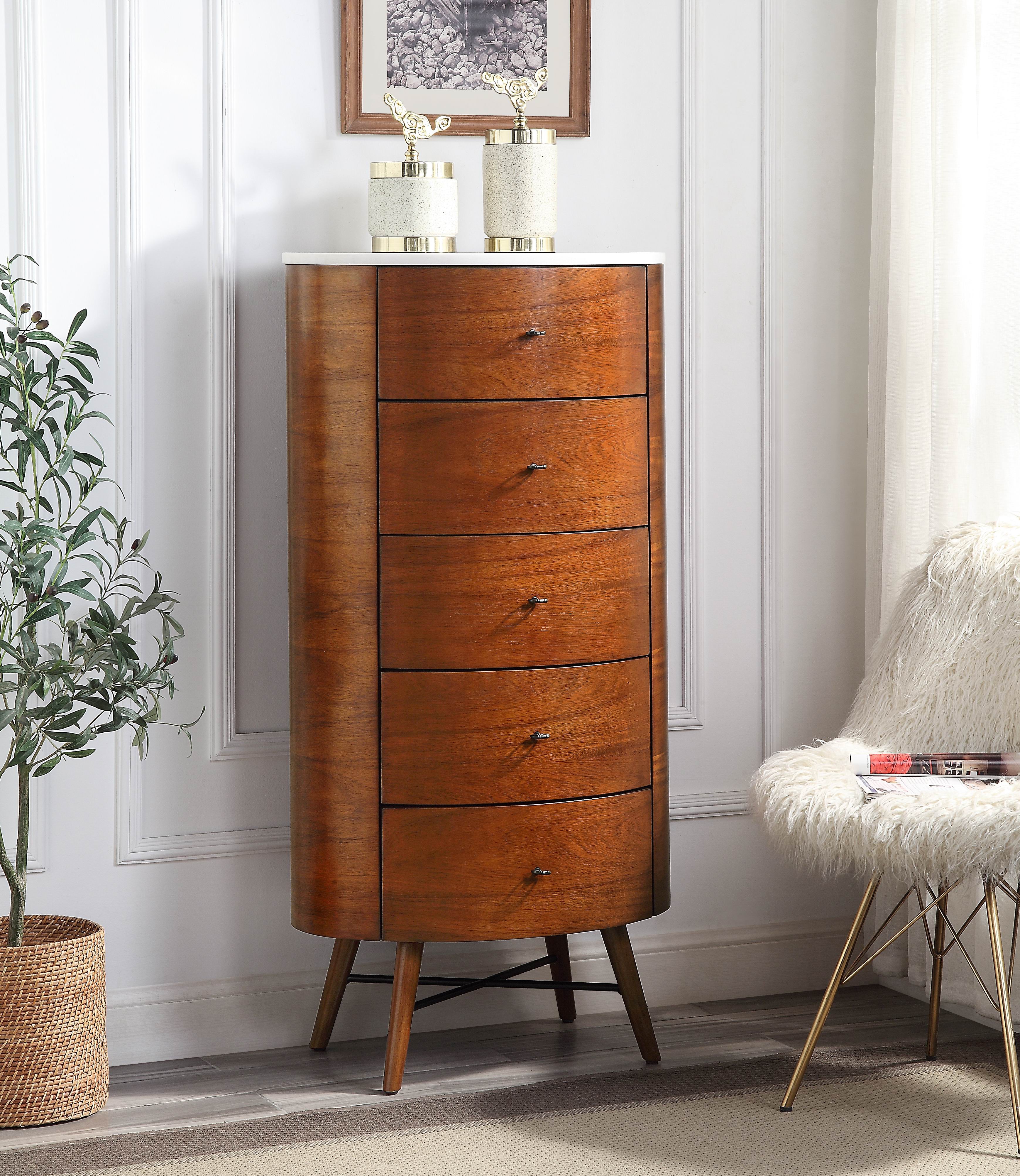 Walnut Finish 1pc Chest of Five Drawers Marble Top Ball Bearing Glides Bedroom Furniture-image-768715007